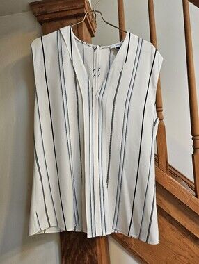 Lewit Silk White And Navy Striped Sleeveless Blouse Small